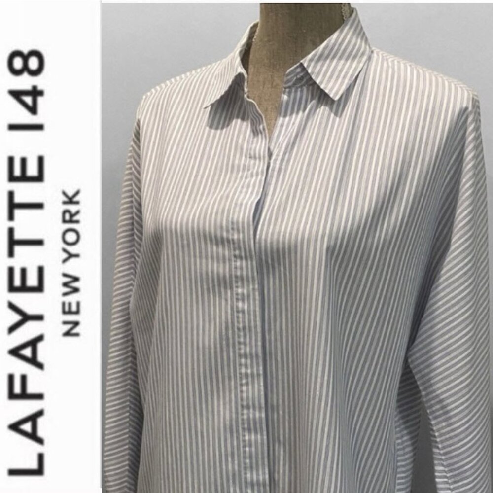 Lafayette 148 NY Blue Striped Button Front Blouse Cotton Size Medium